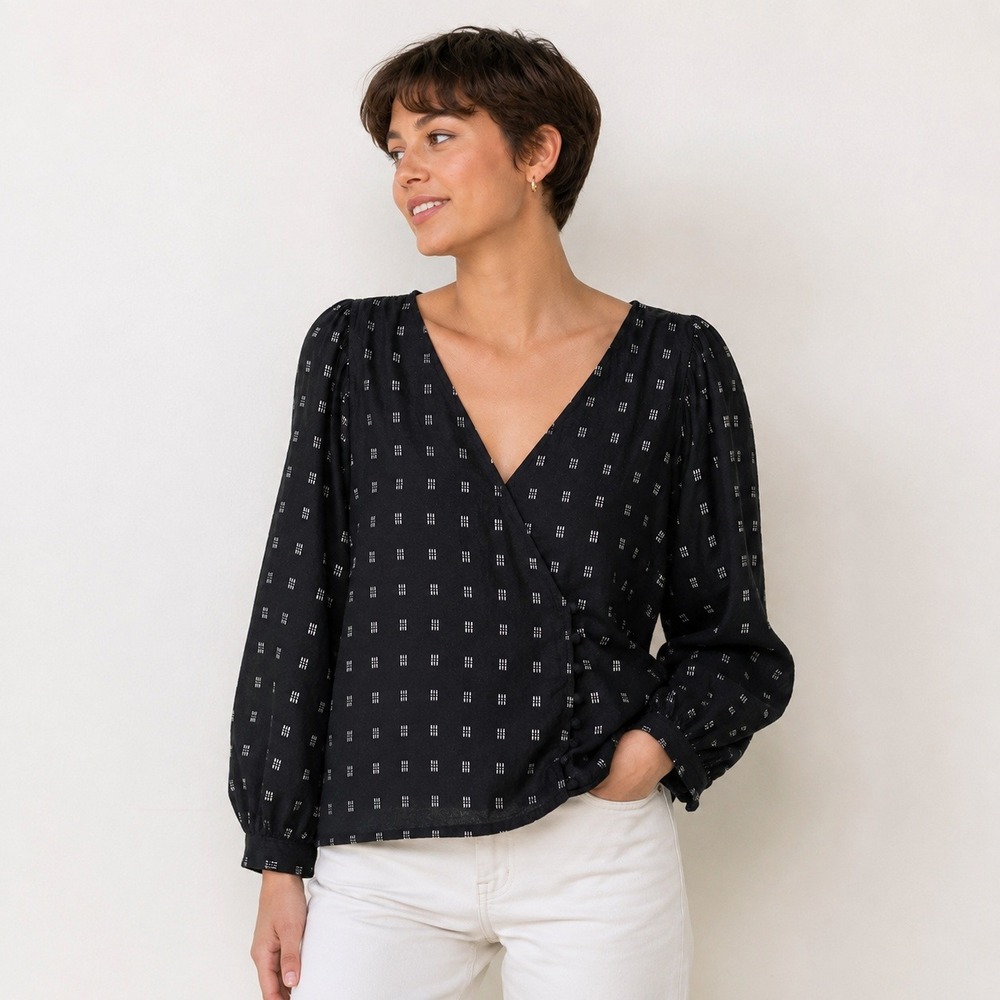 Madewell Kinston Side Button Wrap Top XL Black Textured Dobby Boho